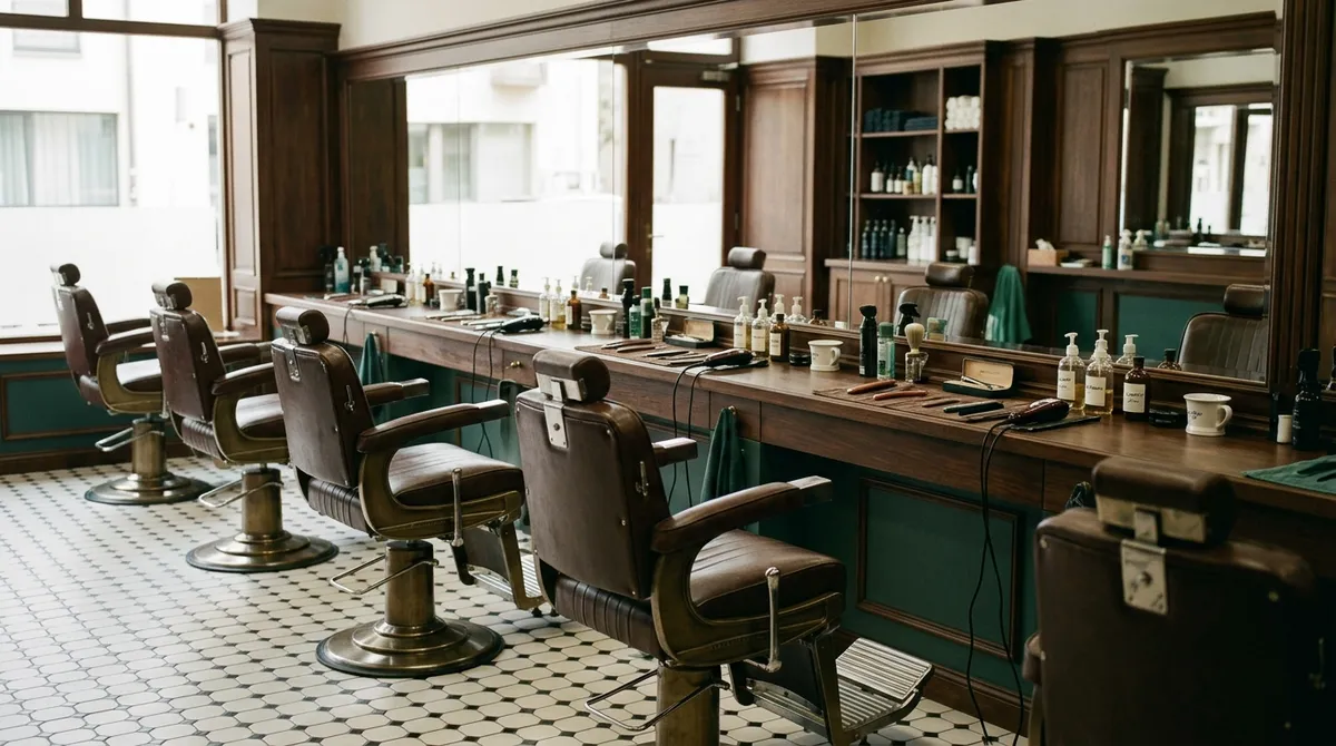 Salon de barbier vintage avec fauteuils en cuir et miroirs